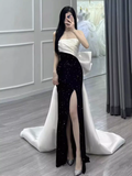 Mermaid Strapless Black Satin Long Slit Prom Dresses HZ1022