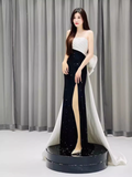 Mermaid Strapless Black Satin Long Slit Prom Dresses HZ1022