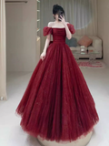 Princess Tulle Burgundy Long Prom Dresses HZ1022