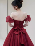 Princess Tulle Burgundy Long Prom Dresses HZ1022