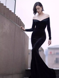 Sexy Mermaid Black Long Sleeves Velvet Prom Dresses HZ1022