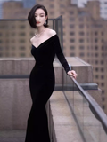 Sexy Mermaid Black Long Sleeves Velvet Prom Dresses HZ1022