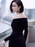 Sexy Mermaid Black Long Sleeves Velvet Prom Dresses HZ1022