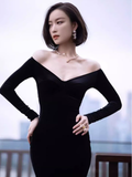 Sexy Mermaid Black Long Sleeves Velvet Prom Dresses HZ1022