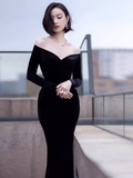 Sexy Mermaid Black Long Sleeves Velvet Prom Dresses HZ1022