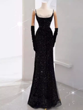Mermaid Straps Sequin Black Backless Long Prom Dresses HZ1022