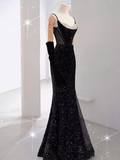 Mermaid Straps Sequin Black Backless Long Prom Dresses HZ1022