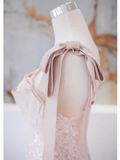 A line Straps Pink Satin Long Prom Dresses HZ1022