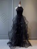 Vintage A line Halter Black Party Dresses Sequin Prom Dresses HZ1022