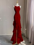 Simple Mermaid Red Chiffon Long Prom Dress HZ1022