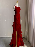 Simple Mermaid Red Chiffon Long Prom Dress HZ1022