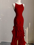Simple Mermaid Red Chiffon Long Prom Dress HZ1022