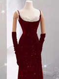 Mermaid Straps Sequin Red Backless Long Prom Dresses HZ1022
