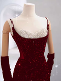 Mermaid Straps Sequin Red Backless Long Prom Dresses HZ1022