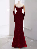 Mermaid Straps Sequin Red Backless Long Prom Dresses HZ1022