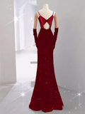 Mermaid Straps Sequin Red Backless Long Prom Dresses HZ1022