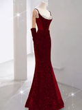 Mermaid Straps Sequin Red Backless Long Prom Dresses HZ1022