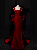 Modest Mermaid Straps Long Sleeveless Red Prom Dresses HZ1022