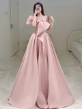 Modest A Line Strapless Long Sleeveless Satin Pink Prom Dresses HZ1022