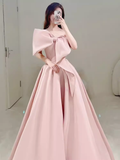Modest A Line Strapless Long Sleeveless Satin Pink Prom Dresses HZ1022