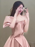 Modest A Line Strapless Long Sleeveless Satin Pink Prom Dresses HZ1022