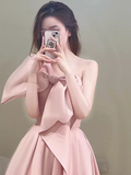 Modest A Line Strapless Long Sleeveless Satin Pink Prom Dresses HZ1022