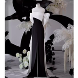 Modest A Line Strapless Long Sleeveless Satin Black Prom Dresses HZ1022