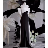 Modest A Line Strapless Long Sleeveless Satin Black Prom Dresses HZ1022