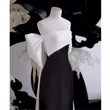 Modest A Line Strapless Long Sleeveless Satin Black Prom Dresses HZ1022