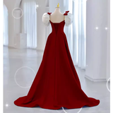 Modest A Line Long Short Sleeves Satin Red Prom Dresses HZ1022