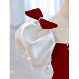 Modest A Line Long Short Sleeves Satin Red Prom Dresses HZ1022