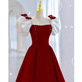 Modest A Line Long Short Sleeves Satin Red Prom Dresses HZ1022