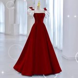 Modest A Line Long Short Sleeves Satin Red Prom Dresses HZ1022