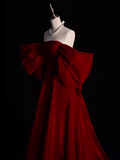 Modest A Line Strapless Long Short Sleeves Satin Red Prom Dresses HZ1022