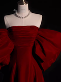 Modest A Line Strapless Long Short Sleeves Satin Red Prom Dresses HZ1022