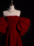 Modest A Line Strapless Long Short Sleeves Satin Red Prom Dresses HZ1022