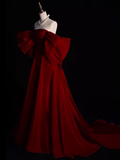 Modest A Line Strapless Long Short Sleeves Satin Red Prom Dresses HZ1022