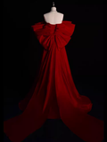 Modest A Line Strapless Long Short Sleeves Satin Red Prom Dresses HZ1022