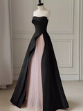 Modest A Line Strapless Long Satin Black Prom Dresses HZ1022