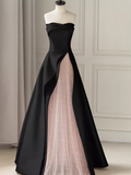 Modest A Line Strapless Long Satin Black Prom Dresses HZ1022