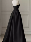 Modest A Line Strapless Long Satin Black Prom Dresses HZ1022