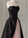 Modest A Line Strapless Long Satin Black Prom Dresses HZ1022