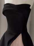 Modest A Line Strapless Long Satin Black Prom Dresses HZ1022