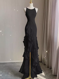 Sexy A line Long Senior Chiffon Black Prom Dress Formal Dress HZ1022