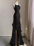 Sexy A line Long Senior Chiffon Black Prom Dress Formal Dress HZ1022