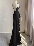 Sexy A line Long Senior Chiffon Black Prom Dress Formal Dress HZ1022