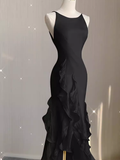 Sexy A line Long Senior Chiffon Black Prom Dress Formal Dress HZ1022