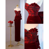 Sexy Sheath Long Senior Burgundy Velvet Prom Dress Formal Dress HZ1022
