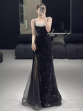 Beautiful Mermaid Straps Slit Black Long Prom Dress HZ1022