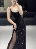Beautiful Mermaid Straps Slit Black Long Prom Dress HZ1022